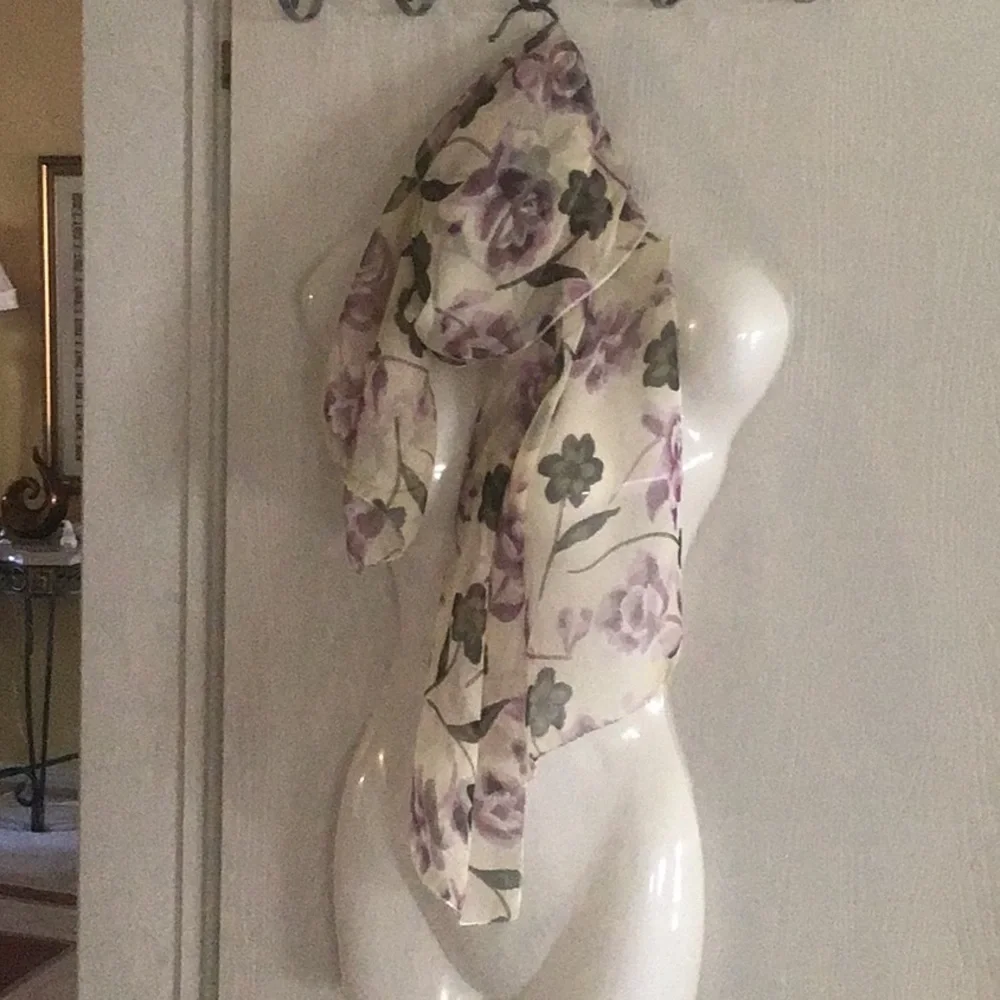 Scarf floral sheer light purple cream and green. Versatile light weight